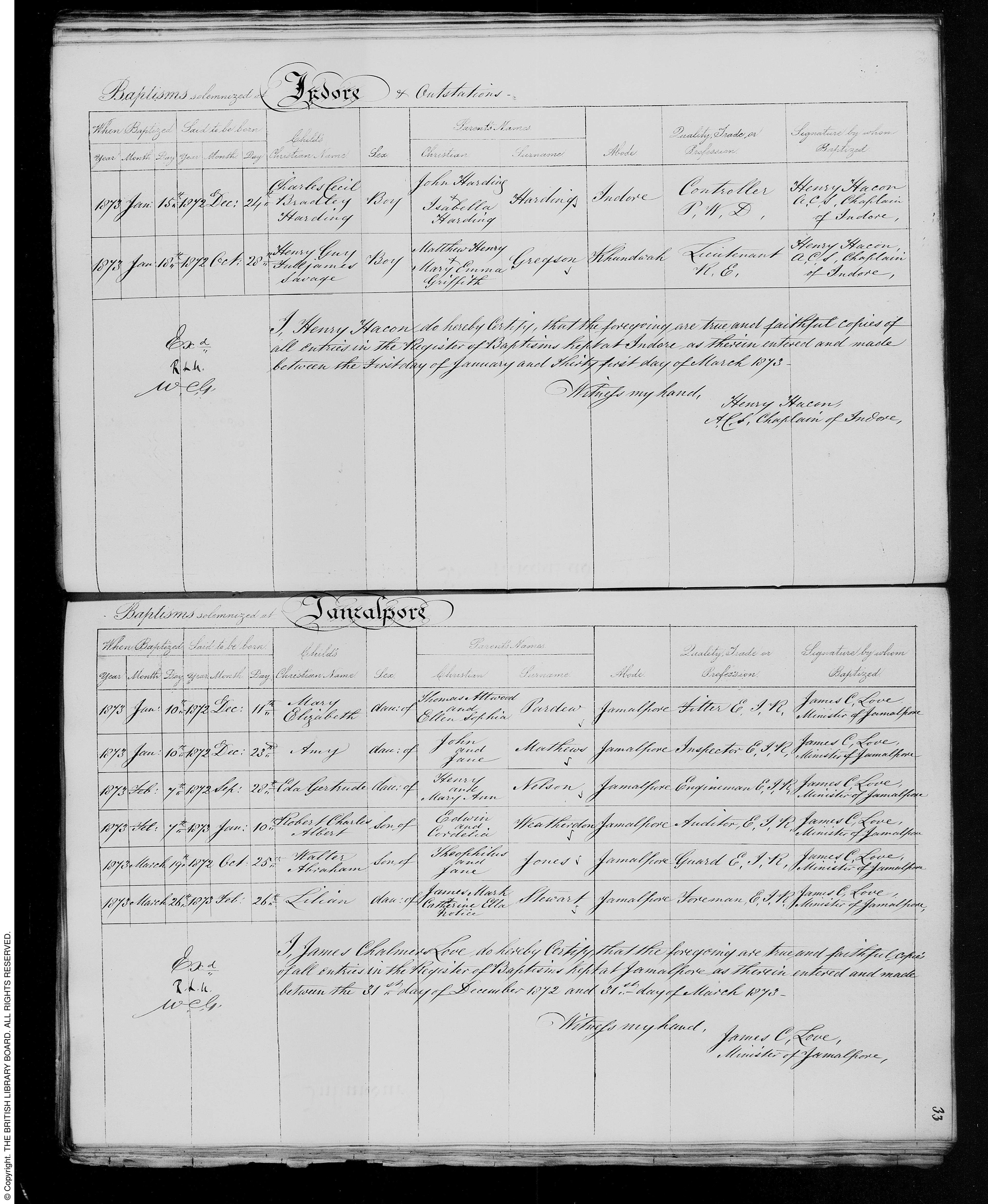 India Office baptism record, Indore, 1872